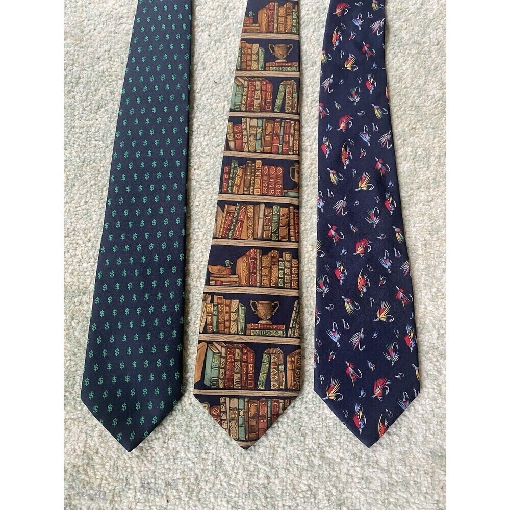 LOT (3) Alynn Mens Neckties Silk - Dollar Signs, Library, Books, Fly Fishing